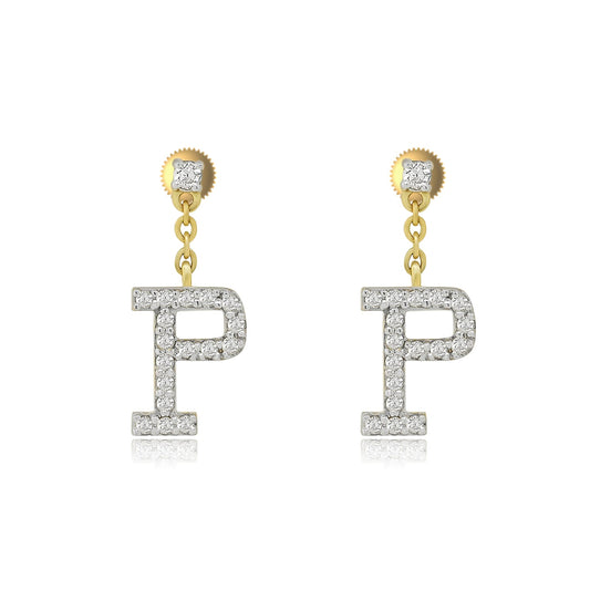 Personalized Brilliance: 14k Gold Initial P Dangle Drop Earrings